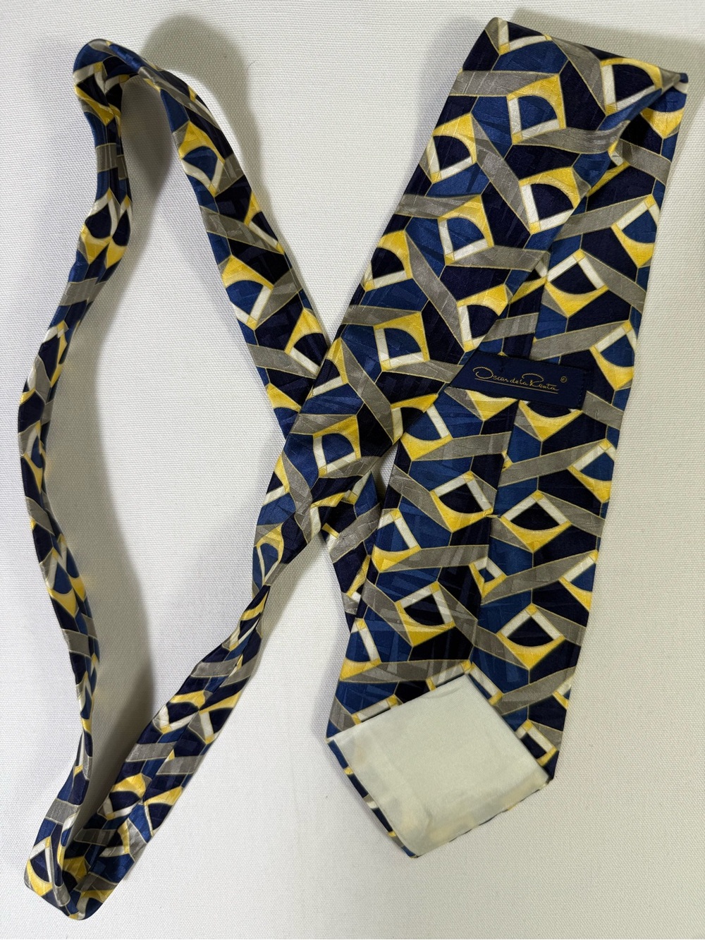 Oscar de la Renta Navy, Yellow and Gray Geometric Silk Tie